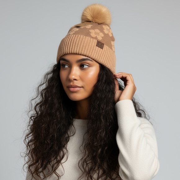 #211. Daisy Patterned Faux Fur Beanie - Picture 1 of 5